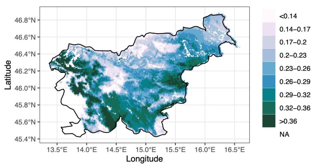 Climate suitability for Fagus sylvatica across Slovenia